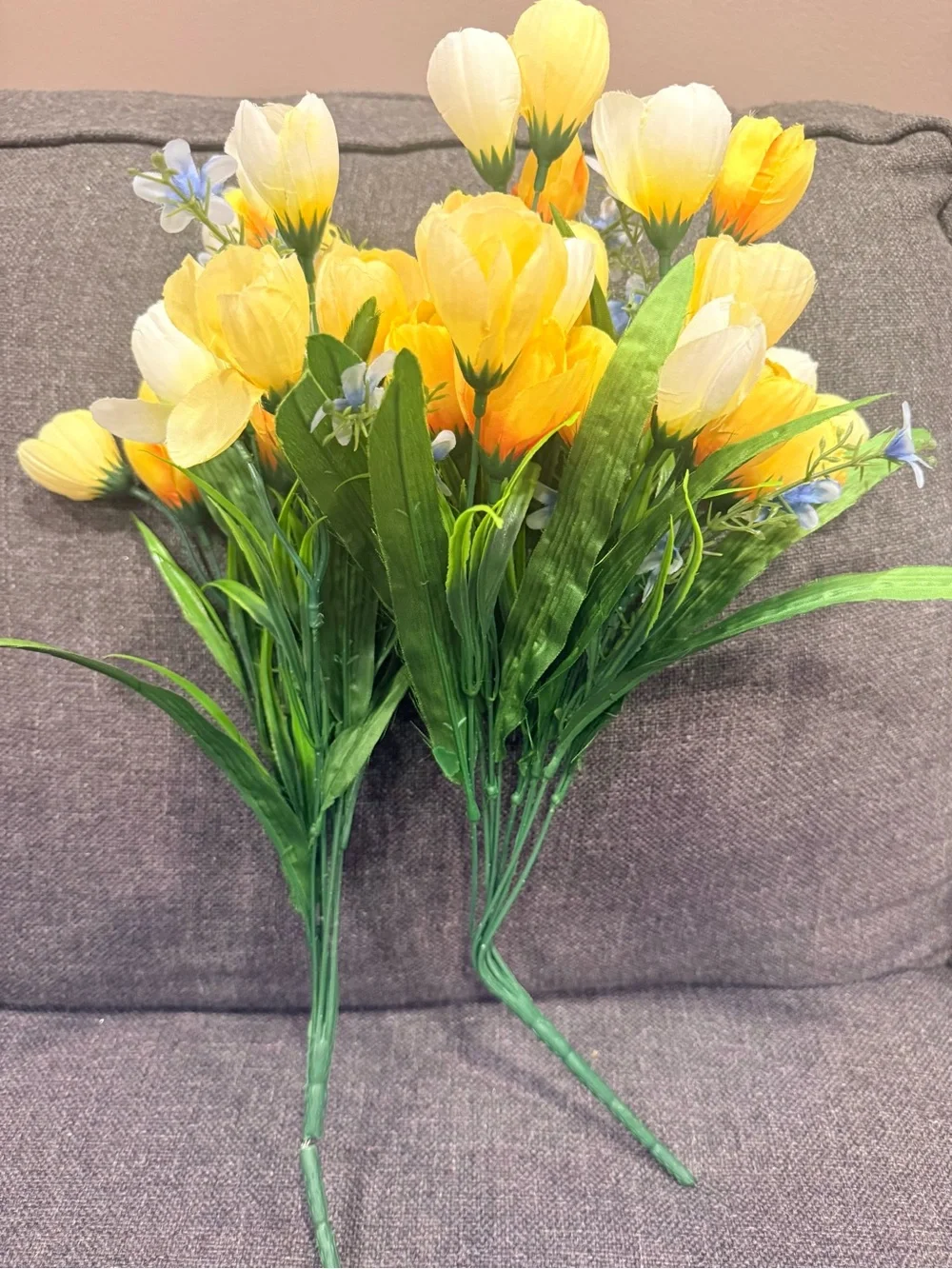 2-Yellow Faux Tulip Stem Bundle with Green Foliage